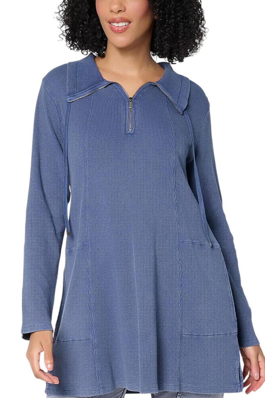 LOGO by Lori Goldstein Women's Cotton 1/4 Zip Waffle Top Blue Indigo - Petite
